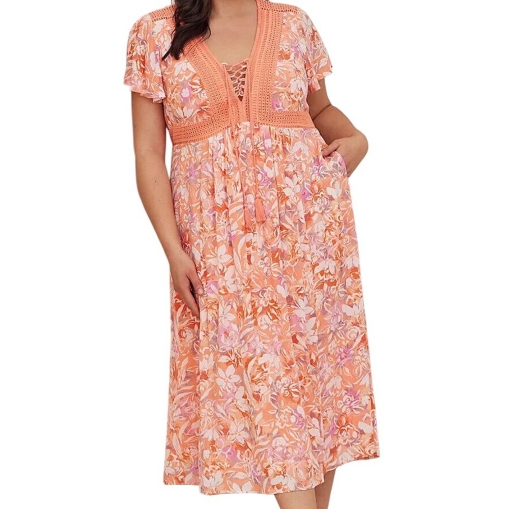 Torrid Short Sleeve Floral Peach Orange Midi Dress Women's Plus Size 1X